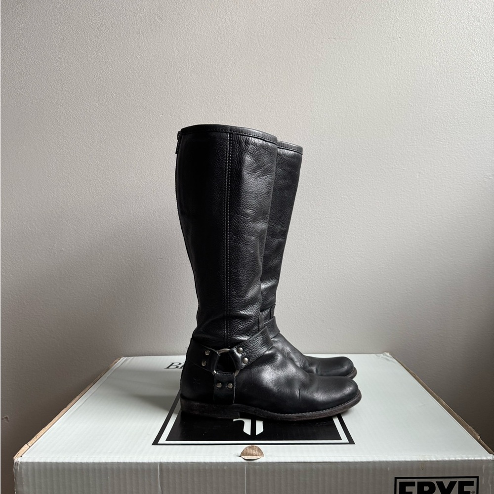 FRYE Phillip Harness Tall Black Leather Riding Boots